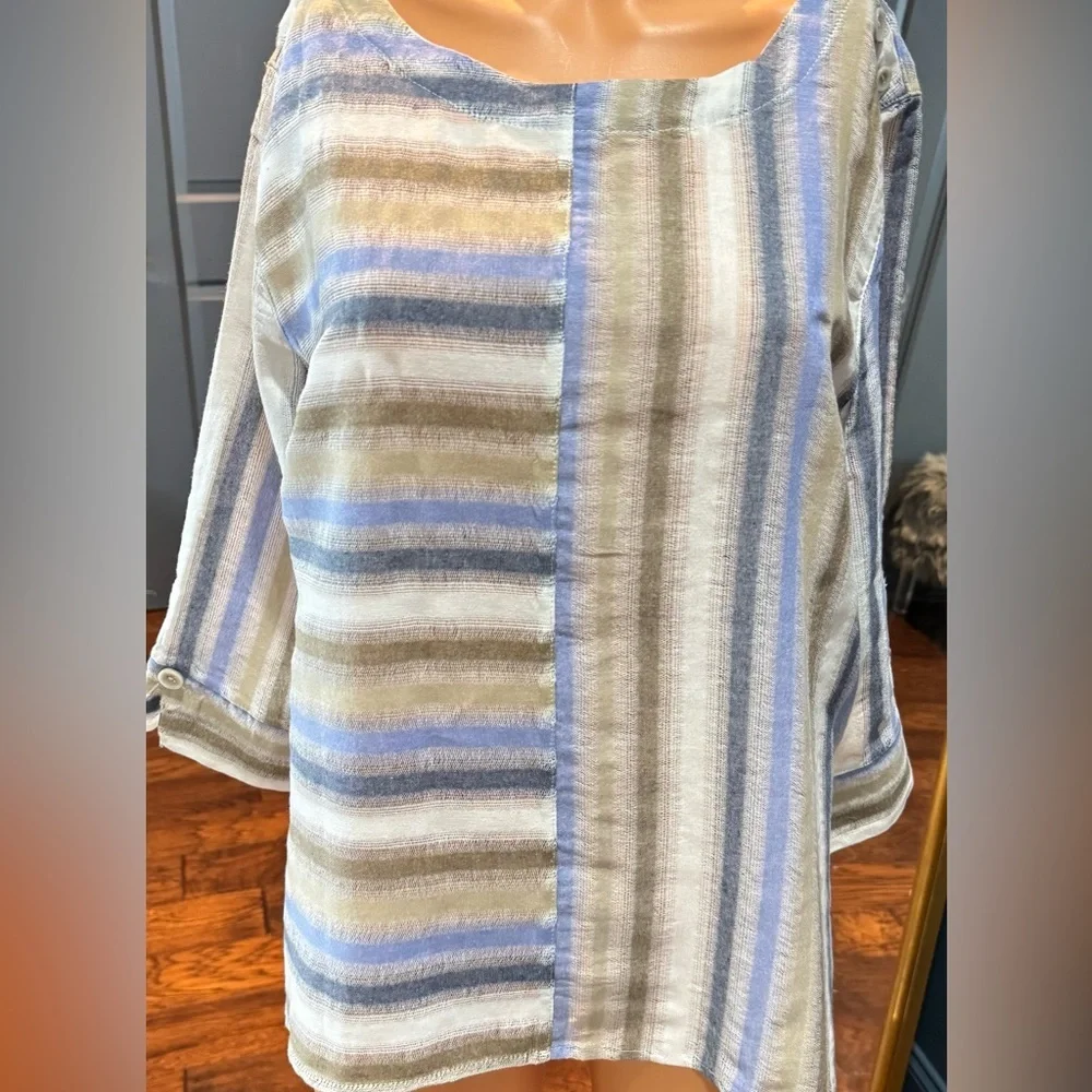 Striped Cotton Top Blue Tan Button Shoulder Relaxed Casual Blouse L